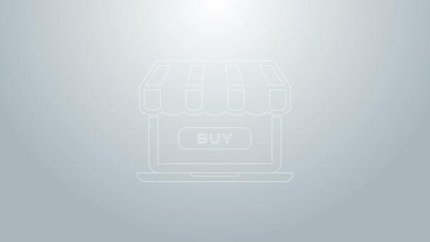 Línea azul Concepto de compras online. Comprar en pantalla icono portátil aislado sobre fondo gris. Concepto de comercio electrónico, marketing de negocios en línea. Animación gráfica de vídeo 4K — Vídeo de stock