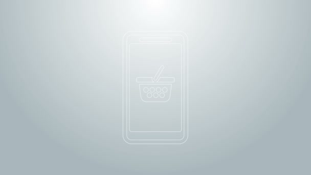 Blå linje Mobiltelefon och varukorg ikon isolerad på grå bakgrund. Onlineköp symbol. Korgsymbol för snabbköp. 4K Video motion grafisk animation — Stockvideo