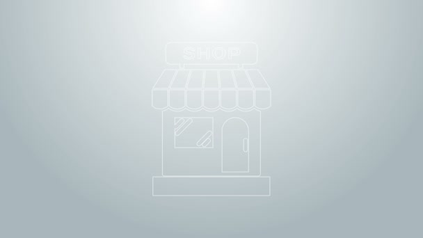 Linha azul Edifício de compras ou ícone de loja de mercado isolado em fundo cinza. Construção de loja. Animação gráfica em movimento de vídeo 4K — Vídeo de Stock
