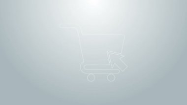 Gri arkaplanda imleç simgesi olan mavi çizgi alışveriş arabası. İnternetten satın alma konsepti. Servis tabelası. Süpermarket sepeti sembolü. 4K Video hareketli grafik canlandırması