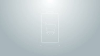 Mavi hat cep telefonu ve alışveriş arabası simgesi gri arkaplanda izole edilmiş. İnternetten satın alma sembolü. Süpermarket sepeti sembolü. 4K Video hareketli grafik canlandırması