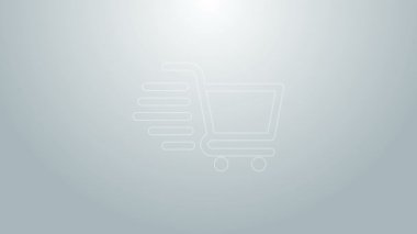 Mavi çizgi alışveriş arabası simgesi gri arka planda izole edildi. İnternetten satın alma konsepti. Servis tabelası. Süpermarket sepeti sembolü. 4K Video hareketli grafik canlandırması