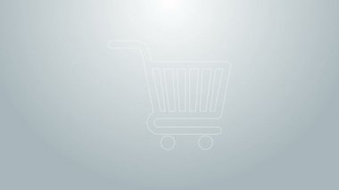 Mavi çizgi alışveriş arabası simgesi gri arka planda izole edildi. İnternetten satın alma konsepti. Servis tabelası. Süpermarket sepeti sembolü. 4K Video hareketli grafik canlandırması
