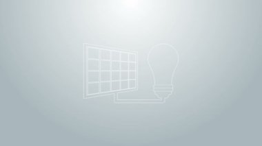 Mavi çizgi güneş enerjisi paneli ve gri arkaplanda izole edilmiş ampul ikonu. 4K Video hareketli grafik canlandırması