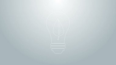 Gri arkaplanda yaprak simgesi olan mavi çizgi lambası. Çevre enerjisi kavramı. Alternatif enerji kavramı. 4K Video hareketli grafik canlandırması