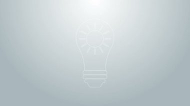 Mavi çizgi güneş enerjisi simgesi gri arkaplanda izole edildi. Güneş ve ampul. 4K Video hareketli grafik canlandırması
