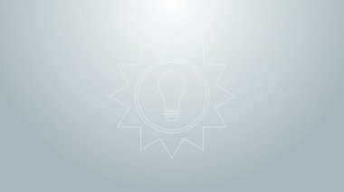 Mavi çizgi güneş enerjisi simgesi gri arkaplanda izole edildi. Güneş ve ampul. 4K Video hareketli grafik canlandırması