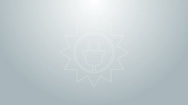 Mavi çizgi güneş enerjisi simgesi gri arkaplanda izole edildi. Güneş ve elektrik prizi. 4K Video hareketli grafik canlandırması