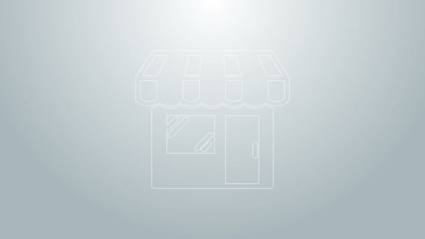Línea azul Edificio de compras o icono de la tienda de mercado aislado sobre fondo gris. Construcción de tiendas. Animación gráfica de vídeo 4K — Vídeo de stock
