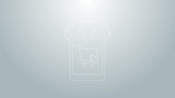 Línea azul Teléfono móvil y carrito de compras con icono de toldo a rayas aislado sobre fondo gris. Símbolo de compra online. Símbolo de cesta de supermercado. Animación gráfica de vídeo 4K — Vídeo de stock