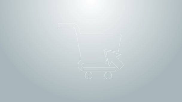 Kék vonal Bevásárlókosár kurzor ikon elszigetelt szürke háttér. Online vásárlási koncepció. Kézbesítőtábla. Szupermarket kosár szimbólum. 4K Videó mozgás grafikus animáció — Stock videók