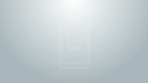 Mavi hat cep telefonu ve alışveriş arabası simgesi gri arkaplanda izole edilmiş. İnternetten satın alma sembolü. Süpermarket sepeti sembolü. 4K Video hareketli grafik canlandırması — Stok video