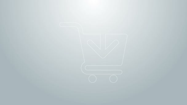 Modrá čára Přidat do nákupního košíku ikona izolovaná na šedém pozadí. Online nákupní koncept. Podpis doručovací služby. Symbol supermarketu. Grafická animace pohybu videa 4K — Stock video