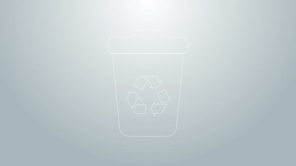 Linha azul Lixeira com ícone de símbolo de reciclagem isolado no fundo cinza. Ícone da lata de lixo. Sinal de lixeira. Sinal de cesta de reciclagem. Animação gráfica em movimento de vídeo 4K — Vídeo de Stock