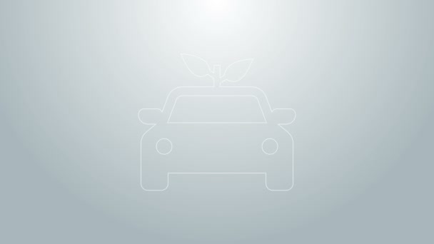 Linea blu Eco car concept drive con icona foglia isolata su sfondo grigio. Energia verde auto simbolo. Animazione grafica 4K Video motion — Video Stock