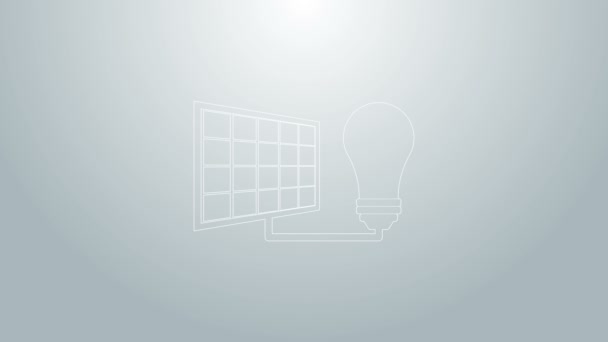 Niebieska linia Panel energii słonecznej i ikona żarówki na szarym tle. 4K Animacja graficzna ruchu wideo — Wideo stockowe