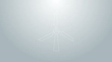 Mavi çizgi rüzgar türbini simgesi gri arkaplanda izole edildi. Rüzgar jeneratörü işareti. Yel değirmeni silueti. Elektrik üretimi için yel değirmeni. 4K Video hareketli grafik canlandırması