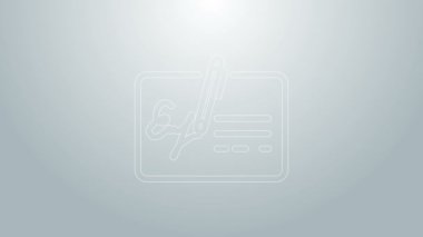 Mavi çizgi imzalı belge çizgisi simgesi gri arkaplanda izole edildi. Kalem imzalı bir kontrat imzalıyor. Belge işaretini düzenle. 4K Video hareketli grafik canlandırması