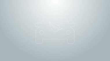 Gri arka planda yaprak simgesi olan mavi çizgili Eko araba konsepti. Yeşil enerji araba sembolü. 4K Video hareketli grafik canlandırması