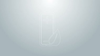 Mavi çizgi Eko doğa yaprağı ve batarya ikonu gri arka planda izole edildi. Enerji, ekoloji tasarruf kavramına dayanır. 4K Video hareketli grafik canlandırması