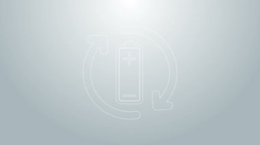 Geri dönüşüm sembolü simgesi olan mavi çizgi pili gri arkaplanda izole edilmiş. Geri dönüşüm sembollü pil - yenilenebilir enerji konsepti. 4K Video hareketli grafik canlandırması