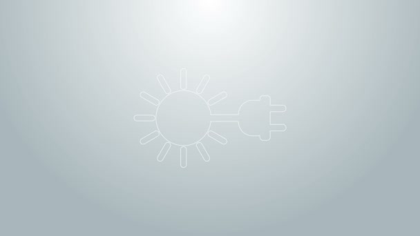 Sol de línea azul con icono de enchufe eléctrico aislado sobre fondo gris. Concepto de ahorro energético. Animación gráfica de vídeo 4K — Vídeo de stock