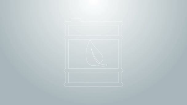 Línea azul Icono de línea de barril de combustible Bio aislado sobre fondo gris. Eco bio y bote. Medio ambiente verde y reciclaje. Animación gráfica de vídeo 4K — Vídeo de stock