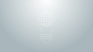 Mavi çizgi ampulü, gri arka planda izole edilmiş dünya içi dünya ikonu. Lambadaki Dünya gezegeni. Küresel ekoloji kavramı. 4K Video hareketli grafik canlandırması