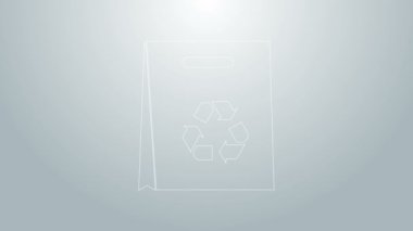 Gri zemin üzerinde geri dönüşüm simgesi olan mavi çizgi kâğıt alışveriş torbası. Geri dönüşüm sembollü çanta. 4K Video hareketli grafik canlandırması