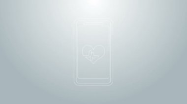Gri arkaplanda kalp atış hızı monitörü olan mavi çizgi akıllı telefonu izole edilmiş. 4K Video hareketli grafik canlandırması