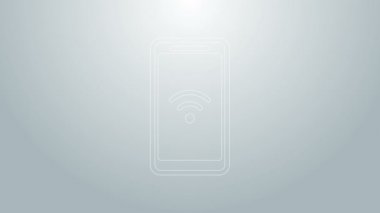 Gri arkaplanda ücretsiz kablosuz bağlantı ikonu olan mavi çizgi akıllı telefon. Kablosuz teknoloji, kablosuz bağlantı, kablosuz ağ. 4K Video hareketli grafik canlandırması