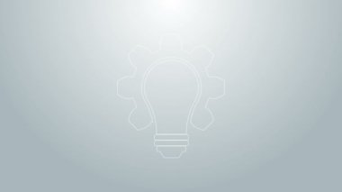 Mavi çizgi lambası ve vites simgesi gri arkaplanda izole edildi. Yenilik kavramı. İş fikri. 4K Video hareketli grafik canlandırması