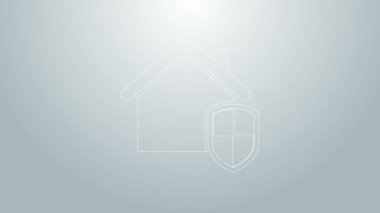 Mavi Hat Evi, gri arka planda izole edilmiş koruma simgesi altında. Ev ve kalkan. Koruma, güvenlik, güvenlik, koruma, savunma konsepti. 4K Video hareketli grafik canlandırması