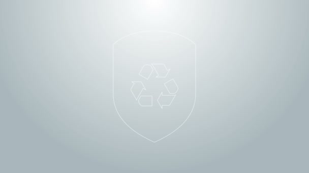 Línea azul Reciclar símbolo dentro del icono del escudo aislado sobre fondo gris. Signo de protección ecológica. Animación gráfica de vídeo 4K — Vídeo de stock