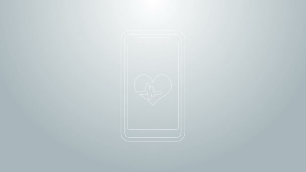 Smartphone linha azul com ícone de função monitor de frequência cardíaca isolado no fundo cinza. Animação gráfica em movimento de vídeo 4K — Vídeo de Stock