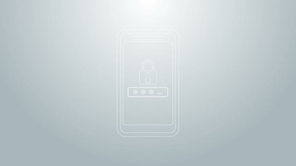 Línea azul Icono de protección de teléfono móvil y contraseña aislado sobre fondo gris. Seguridad, seguridad, acceso personal, autorización del usuario, privacidad. Animación gráfica de vídeo 4K — Vídeos de Stock