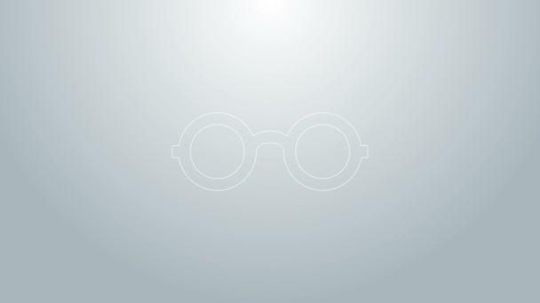 Blå linje Glasikonen isolerad på grå bakgrund. Symbolen för glasögonbåge. 4K Video motion grafisk animation — Stockvideo