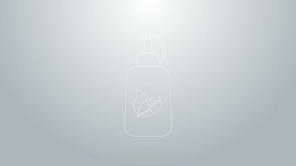 Ícone de garrafa Ketchup linha azul isolado no fundo cinza. Ícone de chama de fogo. Sinal de vagem de pimenta quente. Churrasco e churrasqueira grill símbolo. Animação gráfica em movimento de vídeo 4K — Vídeo de Stock