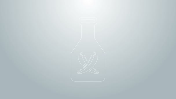 Modrá čára Kečup láhev ikona izolované na šedém pozadí. Horká cedule s chilli papričkami. Gril a gril symbol BBQ. Grafická animace pohybu videa 4K — Stock video