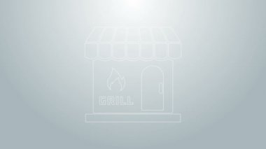 Mavi çizgi barbekü alışveriş binası ya da gri arka planda izole edilmiş market ikonu. Barbekü ızgara partisi. Dükkan inşaatı. 4K Video hareketli grafik canlandırması