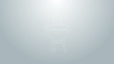 Mavi çizgi ızgara şiş kebap şiş kebap şiş ikon gri arka planda izole. BBBQ et kebabı şiş çubuğunda. Izgara etli piknik. 4K Video hareketli grafik canlandırması