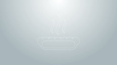 Gri arkaplanda hardal simgesi olan mavi çizgili Hotdog sandviçi. Sosis ikonu. Fast food burcu. 4K Video hareketli grafik canlandırması