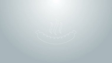 Gri arka planda izole edilmiş buhar ikonlu mavi çizgi sosisi. Izgara sosis ve aroma işareti. 4K Video hareketli grafik canlandırması