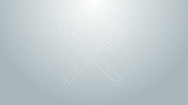 Mavi çizgi, gri arka planda kesişen bıçak ve spatula simgesi. Barbekü bıçağı ve spatula işareti. Barbekü ve ızgara aletleri. 4K Video hareketli grafik canlandırması