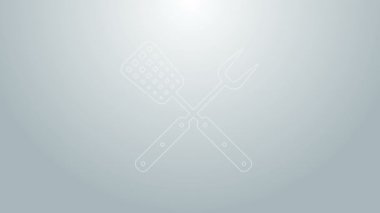Mavi çizgi çatal ve spatula simgesi gri arkaplanda izole edilmiş. Mangal çatalı ve spatula işareti. Barbekü ve ızgara aletleri. 4K Video hareketli grafik canlandırması