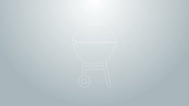 Mavi çizgi ızgara ikonu gri arka planda izole edildi. Barbekü ızgara partisi. 4K Video hareketli grafik canlandırması