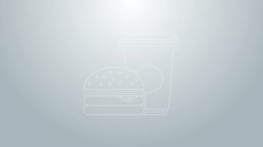 Mavi çizgi kahve ve hamburger ikonu gri arka planda izole edilmiş. Fast food sembolü. 4K Video hareketli grafik canlandırması