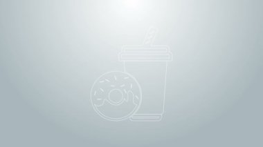 Mavi çizgili soda, gri arka planda izole edilmiş saman ve çörek ikonu içerek içilir. Fast food sembolü. 4K Video hareketli grafik canlandırması