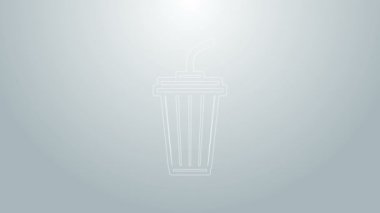 Gri zemin üzerinde su ikonu olan mavi çizgi camlar. Soda bardağı ve pipet içmek. Taze soğuk içecek sembolü. 4K Video hareketli grafik canlandırması