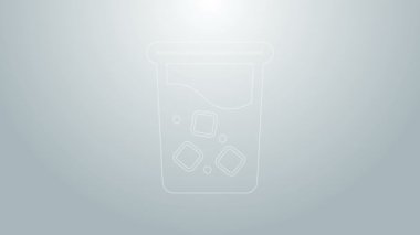 Gri zemin üzerinde su ikonu olan mavi çizgi camlar. Soda bardağı. Taze soğuk içecek sembolü. 4K Video hareketli grafik canlandırması